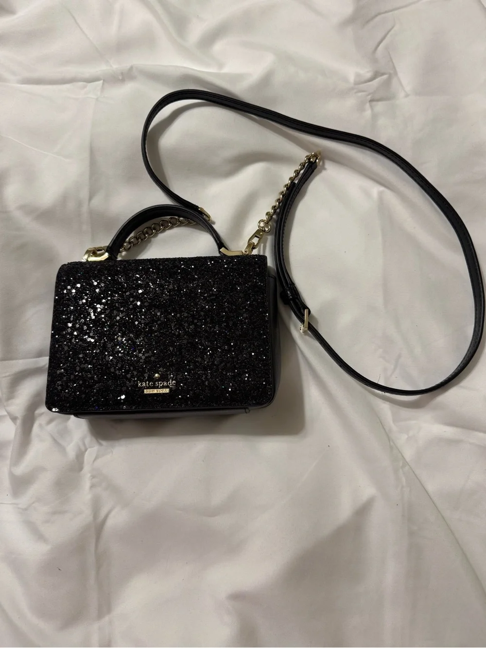 Kate Spade New York Black Glitter Crossbody Satchel Bag Gold Chain Strap - Picture 2 of 5